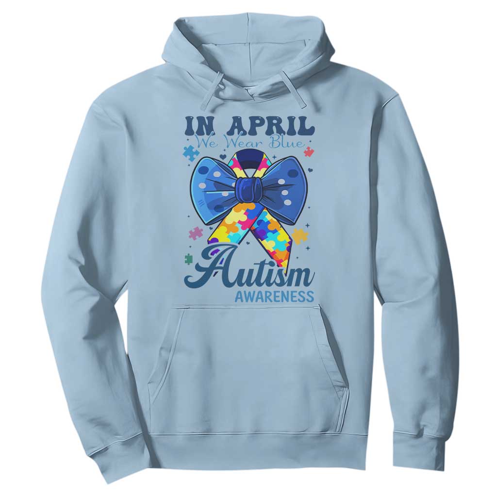Autism Support Hoodie In April We Wear Blue Puzzle Ribbon Coquette Bow