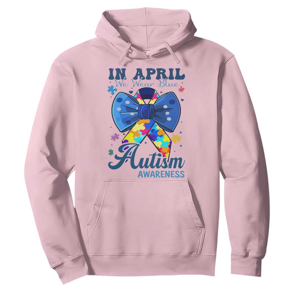 Autism Support Hoodie In April We Wear Blue Puzzle Ribbon Coquette Bow