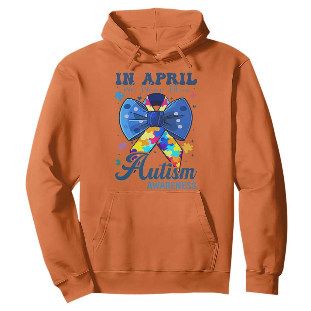 Autism Support Hoodie In April We Wear Blue Puzzle Ribbon Coquette Bow