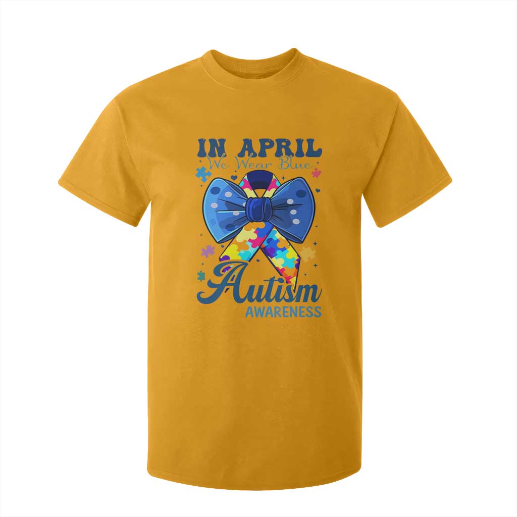 Autism Support T Shirt For Kid In April We Wear Blue Puzzle Ribbon Coquette Bow