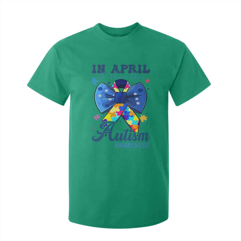 Autism Support T Shirt For Kid In April We Wear Blue Puzzle Ribbon Coquette Bow