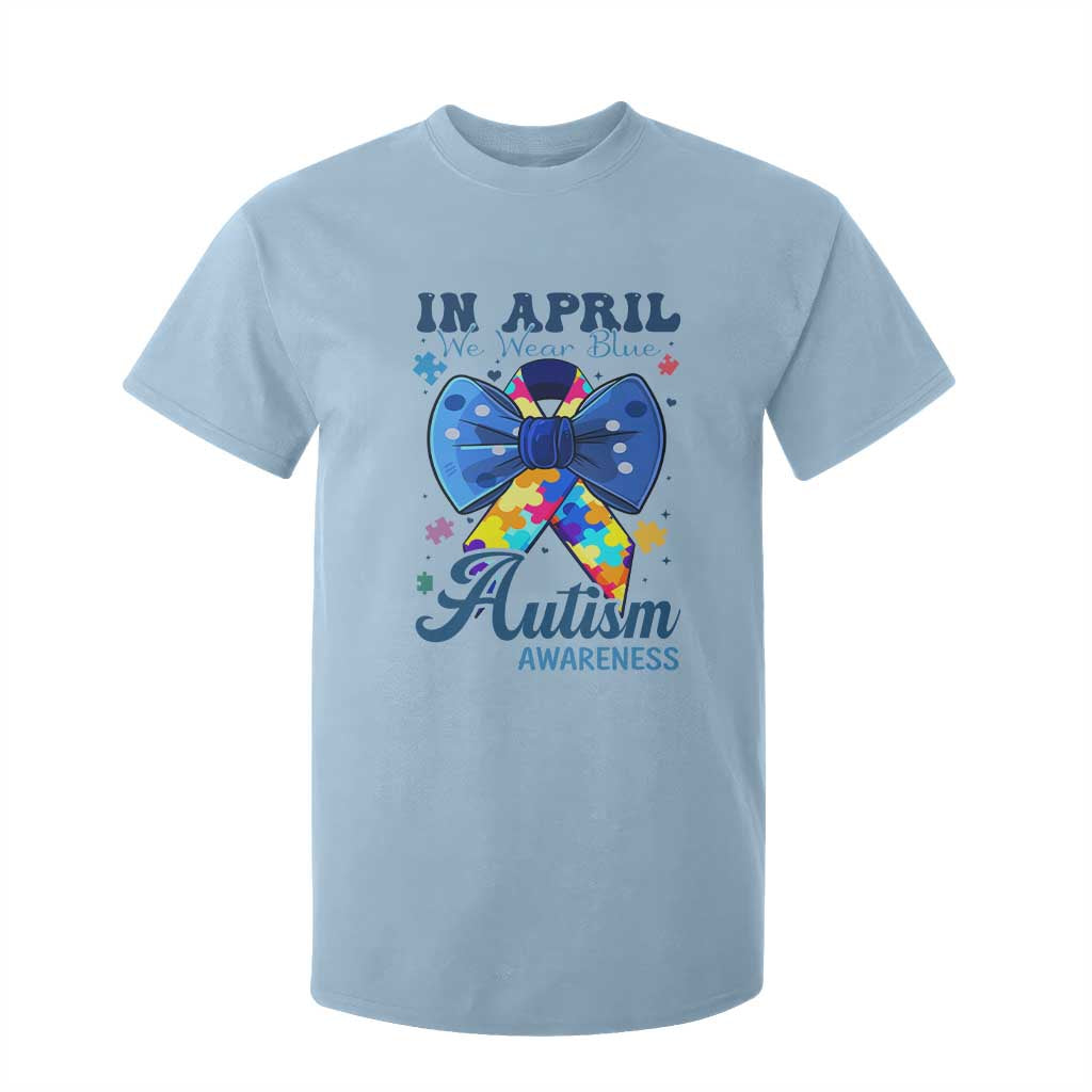 Autism Support T Shirt For Kid In April We Wear Blue Puzzle Ribbon Coquette Bow