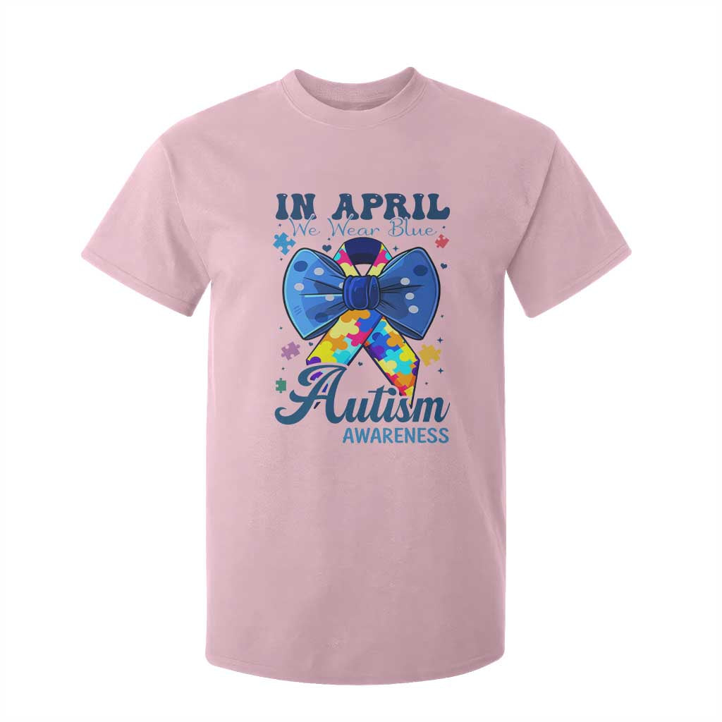 Autism Support T Shirt For Kid In April We Wear Blue Puzzle Ribbon Coquette Bow