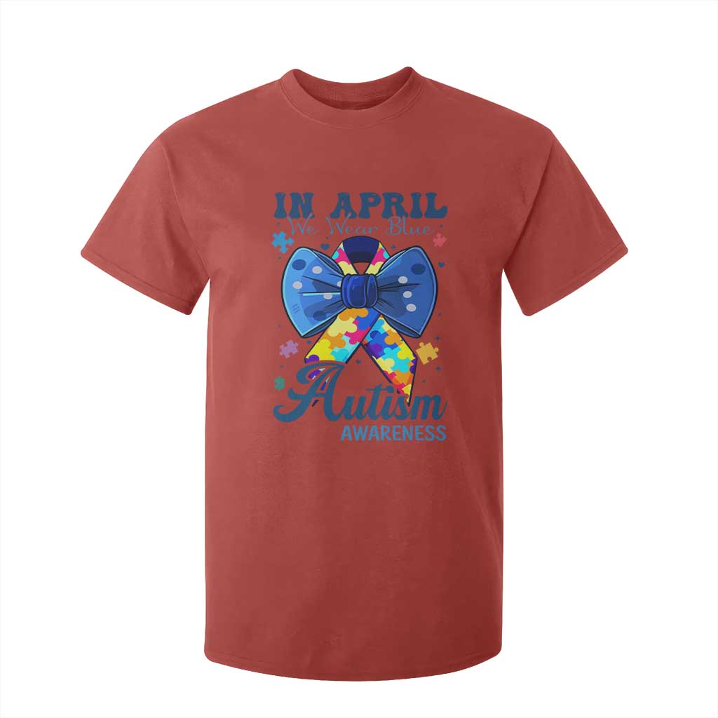 Autism Support T Shirt For Kid In April We Wear Blue Puzzle Ribbon Coquette Bow