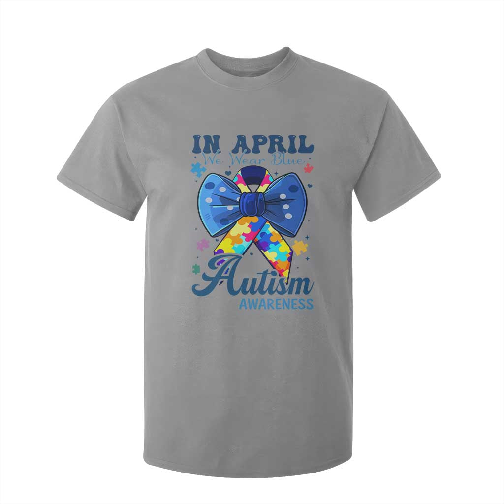 Autism Support T Shirt For Kid In April We Wear Blue Puzzle Ribbon Coquette Bow