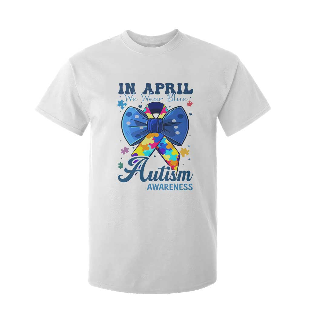 Autism Support T Shirt For Kid In April We Wear Blue Puzzle Ribbon Coquette Bow