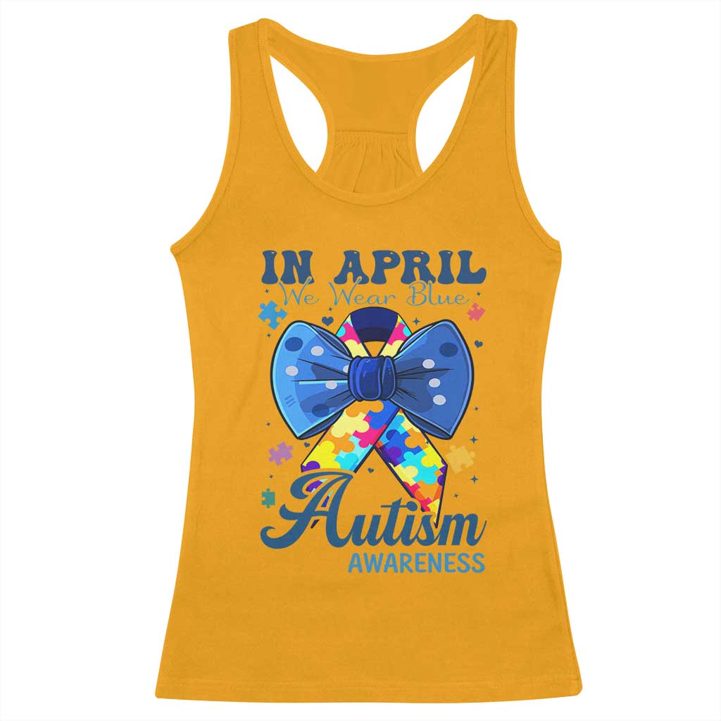 Autism Support Racerback Tank Top In April We Wear Blue Puzzle Ribbon Coquette Bow