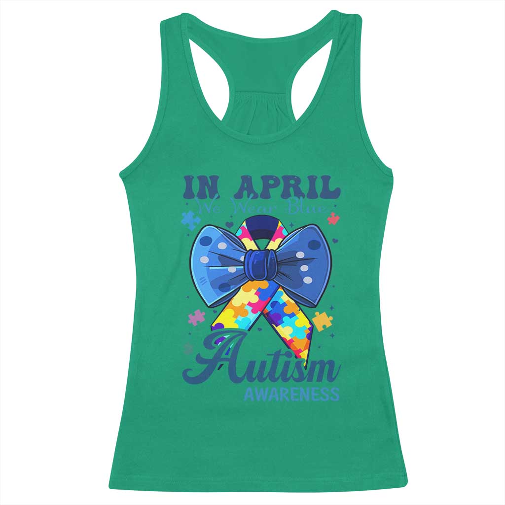 Autism Support Racerback Tank Top In April We Wear Blue Puzzle Ribbon Coquette Bow