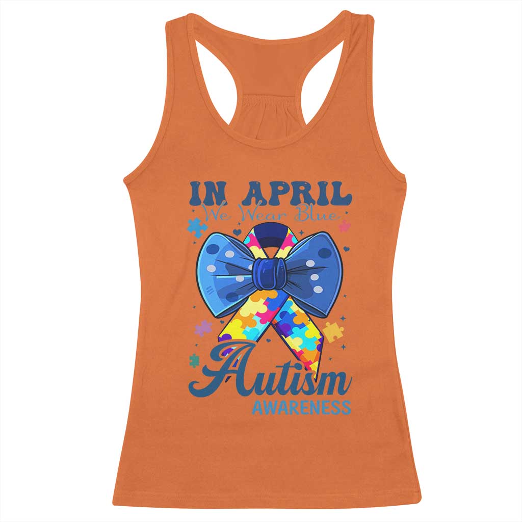 Autism Support Racerback Tank Top In April We Wear Blue Puzzle Ribbon Coquette Bow