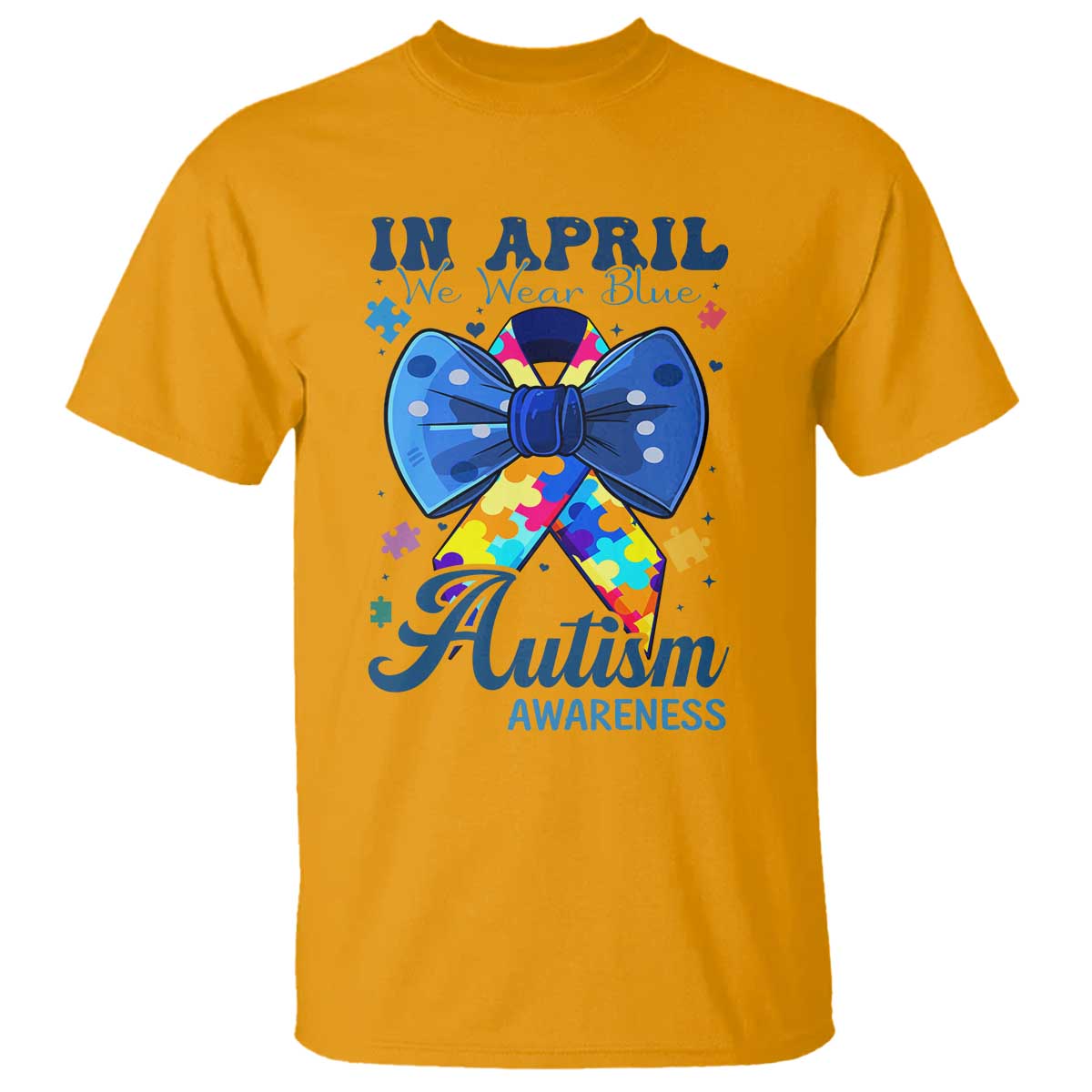 Autism Support T Shirt In April We Wear Blue Puzzle Ribbon Coquette Bow