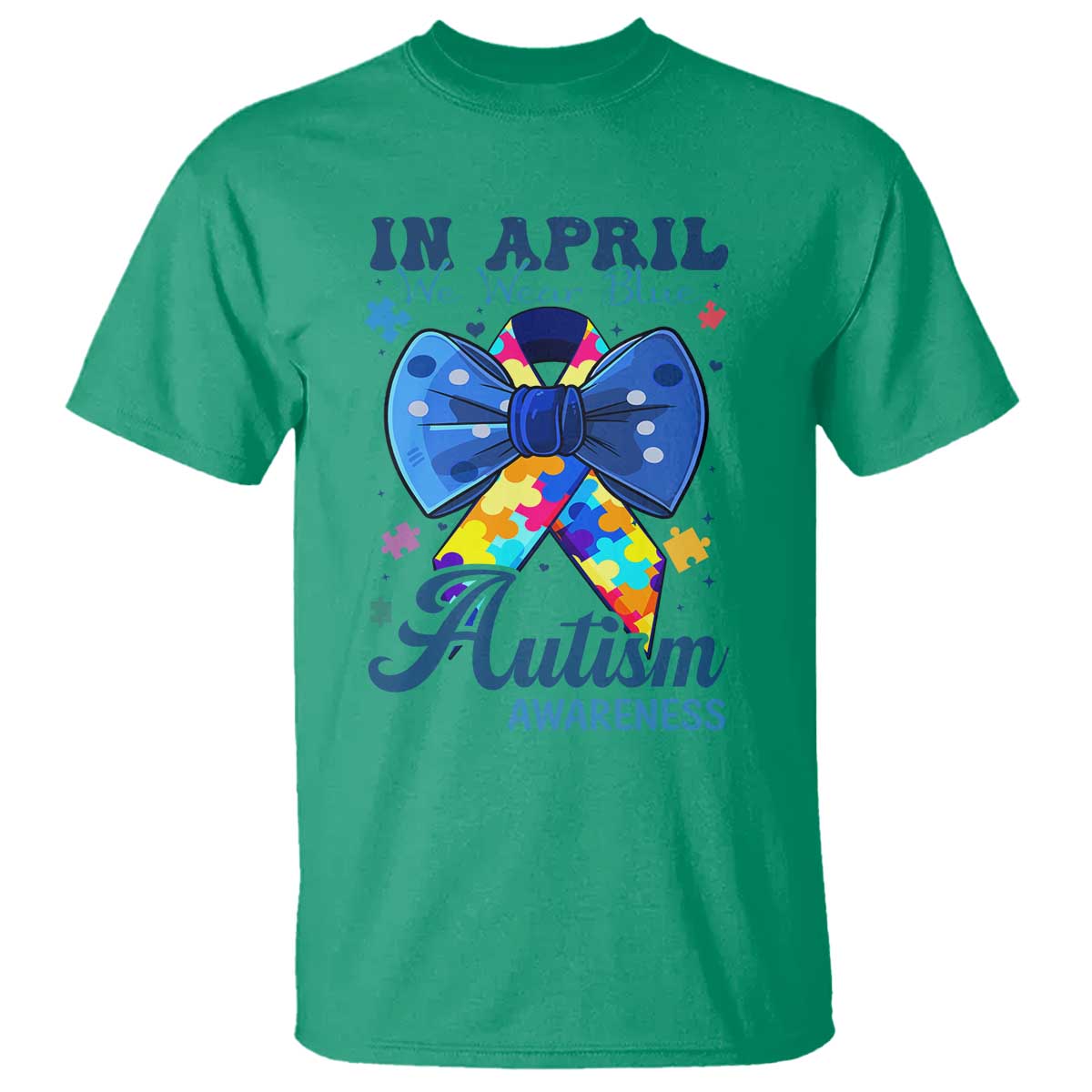 Autism Support T Shirt In April We Wear Blue Puzzle Ribbon Coquette Bow