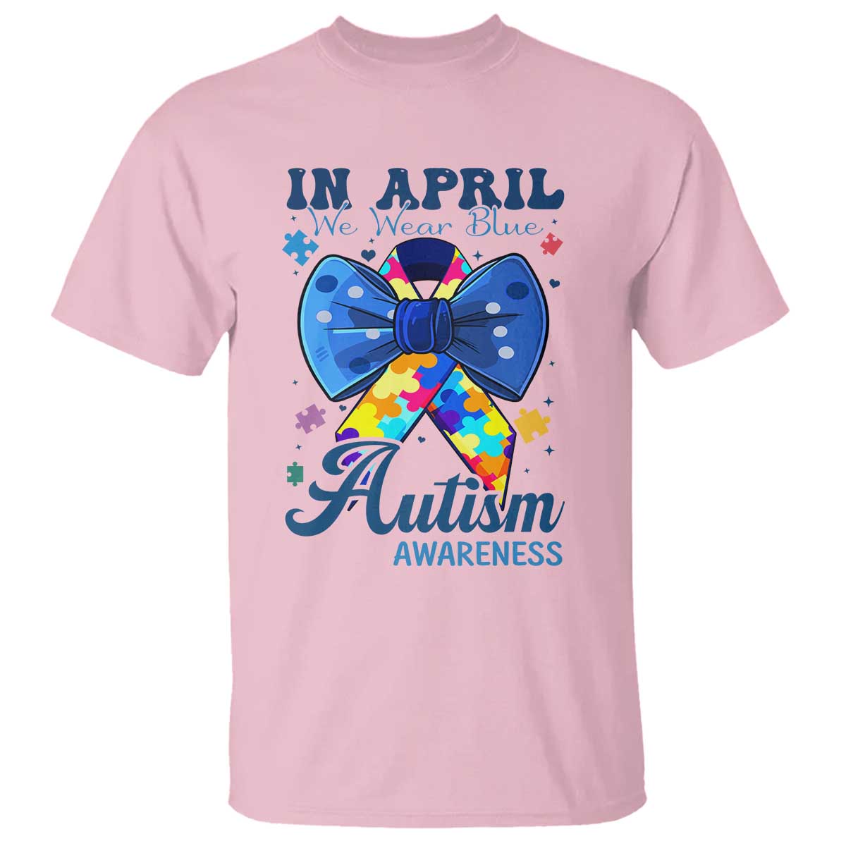 Autism Support T Shirt In April We Wear Blue Puzzle Ribbon Coquette Bow