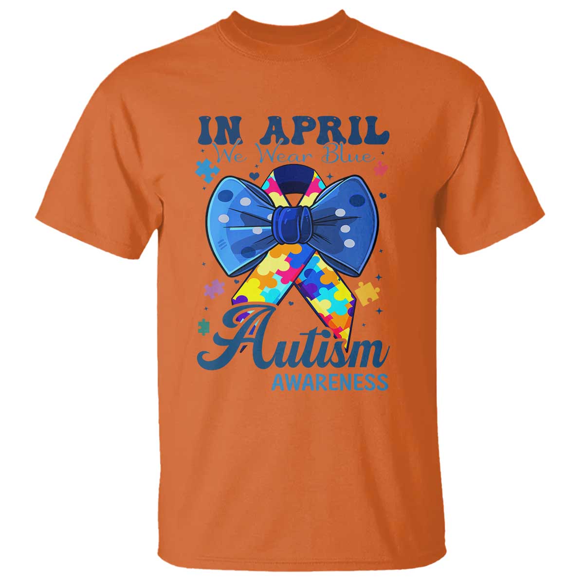 Autism Support T Shirt In April We Wear Blue Puzzle Ribbon Coquette Bow