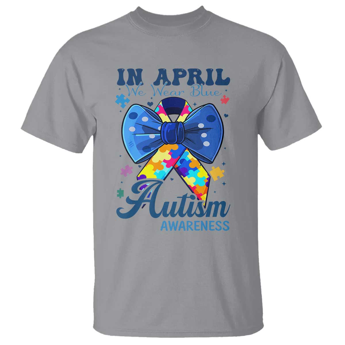 Autism Support T Shirt In April We Wear Blue Puzzle Ribbon Coquette Bow