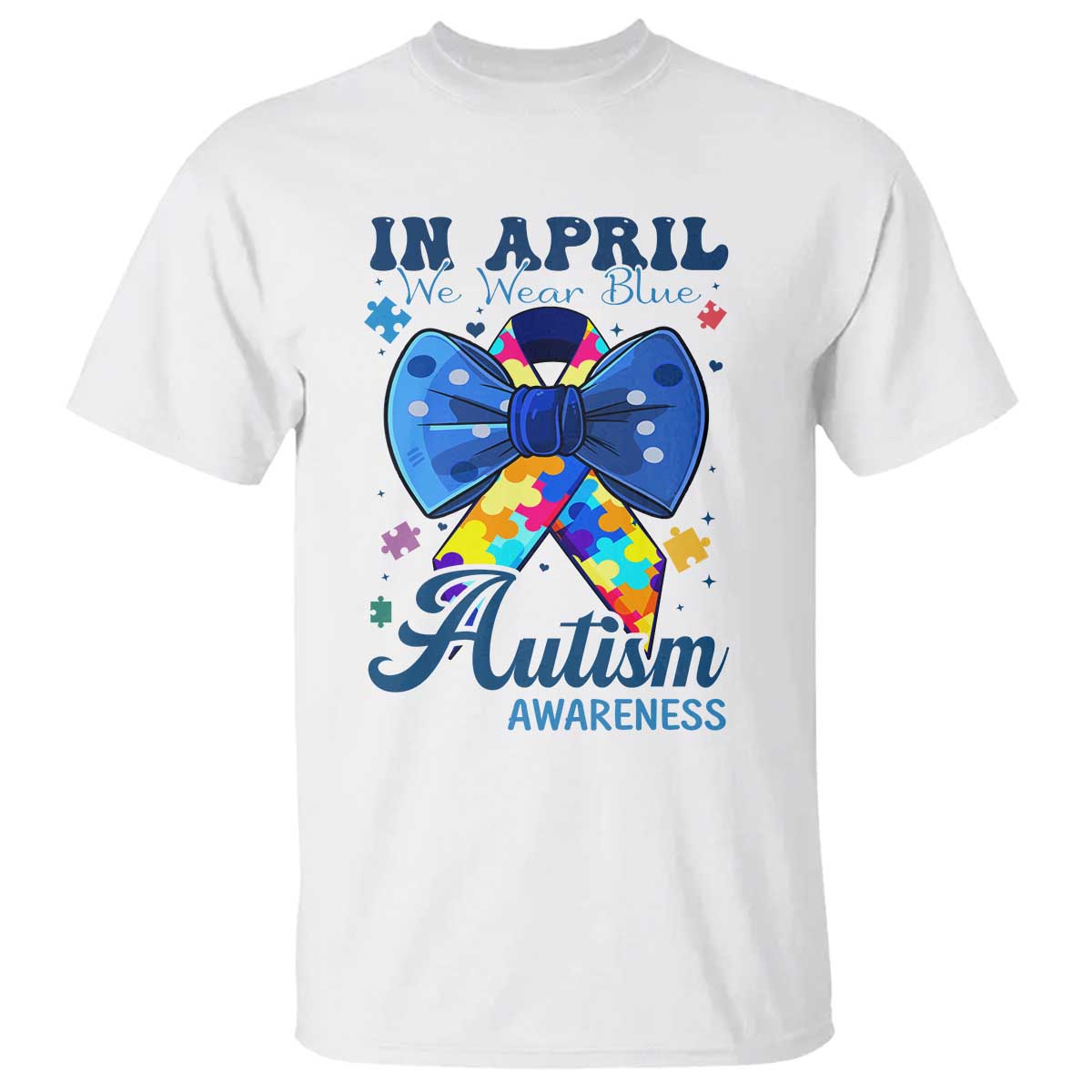 Autism Support T Shirt In April We Wear Blue Puzzle Ribbon Coquette Bow