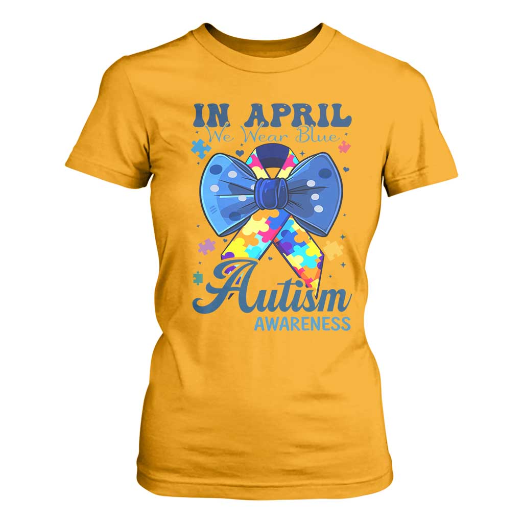 Autism Support T Shirt For Women In April We Wear Blue Puzzle Ribbon Coquette Bow
