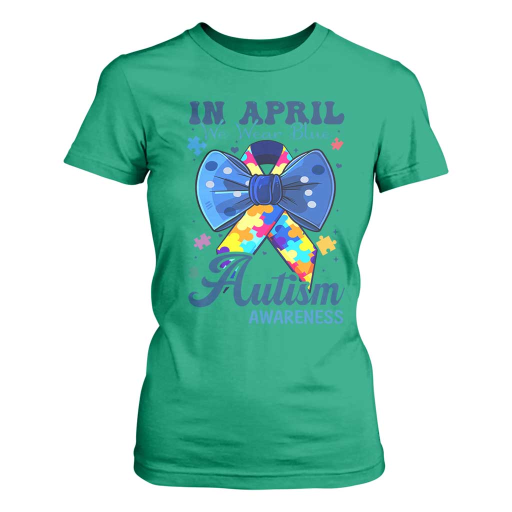 Autism Support T Shirt For Women In April We Wear Blue Puzzle Ribbon Coquette Bow
