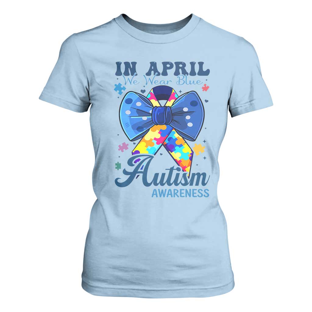Autism Support T Shirt For Women In April We Wear Blue Puzzle Ribbon Coquette Bow