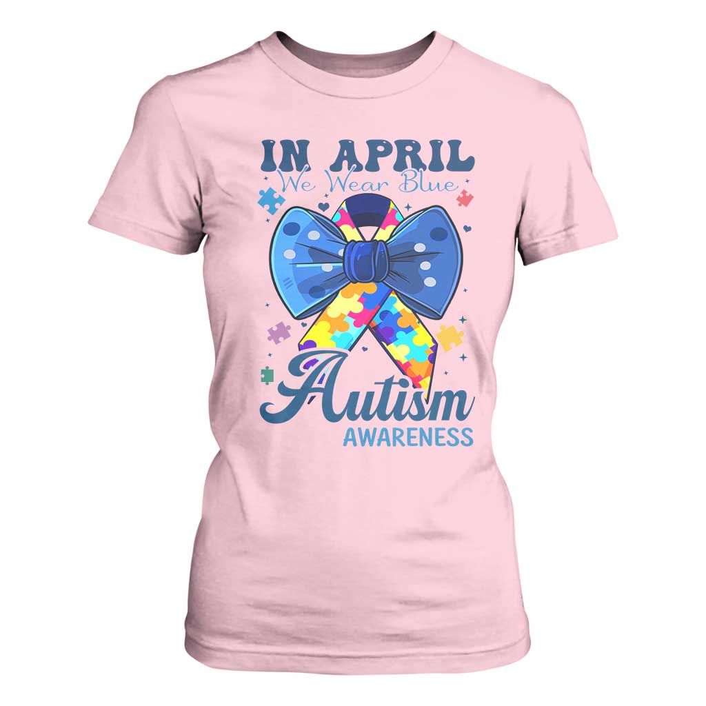 Autism Support T Shirt For Women In April We Wear Blue Puzzle Ribbon Coquette Bow