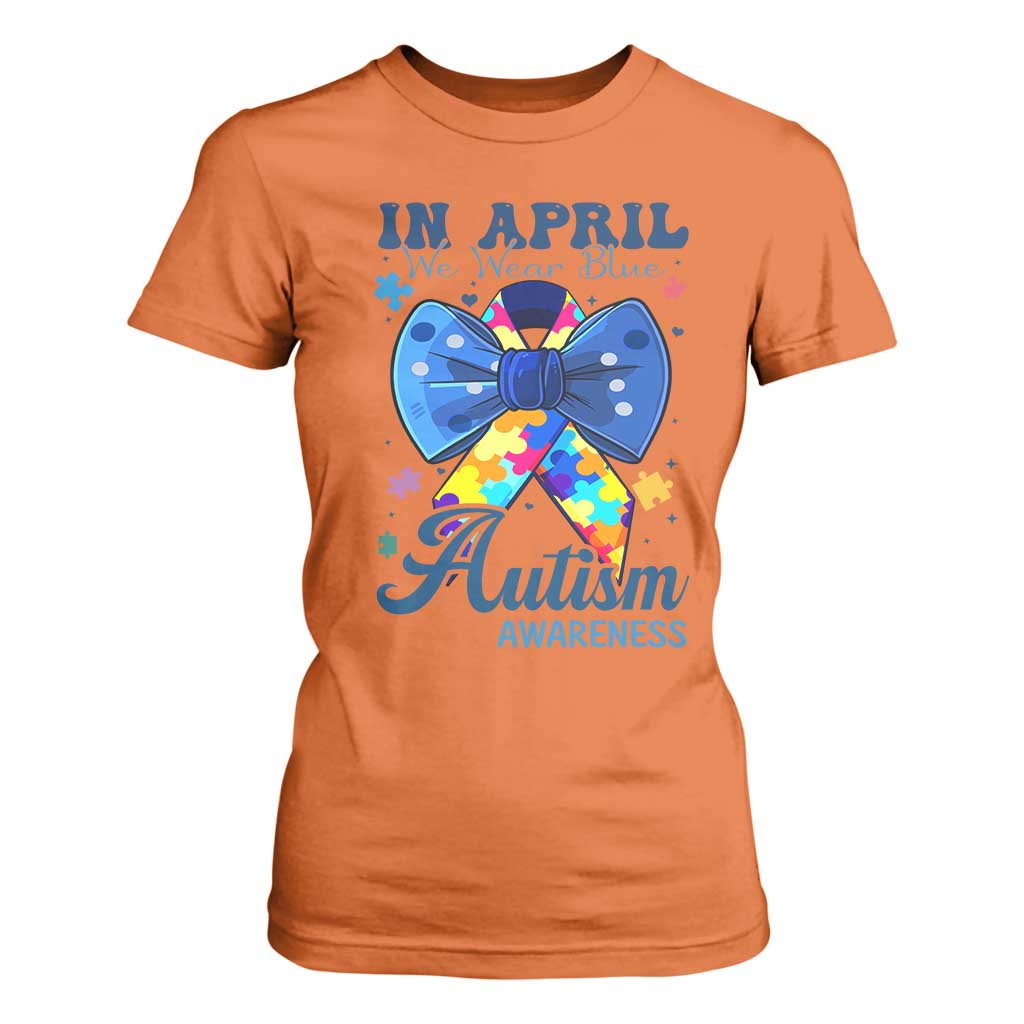 Autism Support T Shirt For Women In April We Wear Blue Puzzle Ribbon Coquette Bow