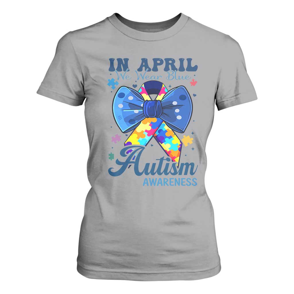Autism Support T Shirt For Women In April We Wear Blue Puzzle Ribbon Coquette Bow