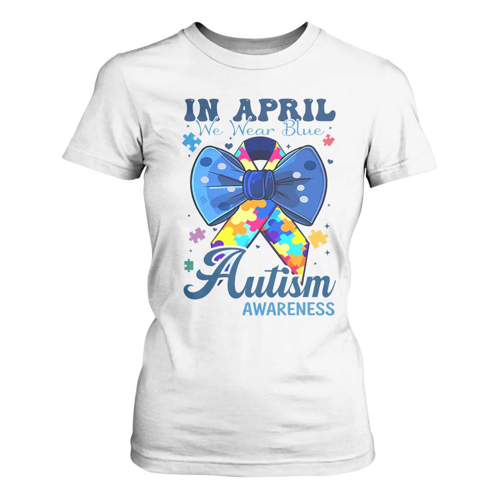 Autism Support T Shirt For Women In April We Wear Blue Puzzle Ribbon Coquette Bow