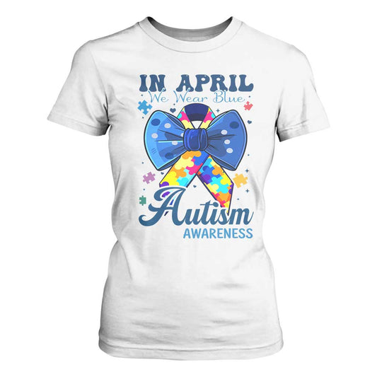 Autism Support T Shirt For Women In April We Wear Blue Puzzle Ribbon Coquette Bow