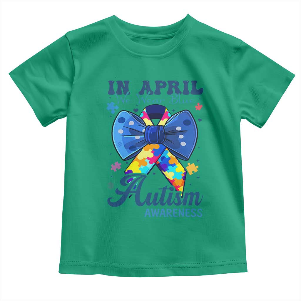 Autism Support Toddler T Shirt In April We Wear Blue Puzzle Ribbon Coquette Bow
