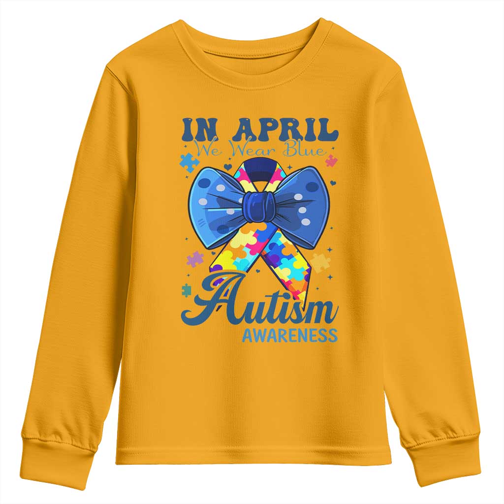 Autism Support Youth Sweatshirt In April We Wear Blue Puzzle Ribbon Coquette Bow