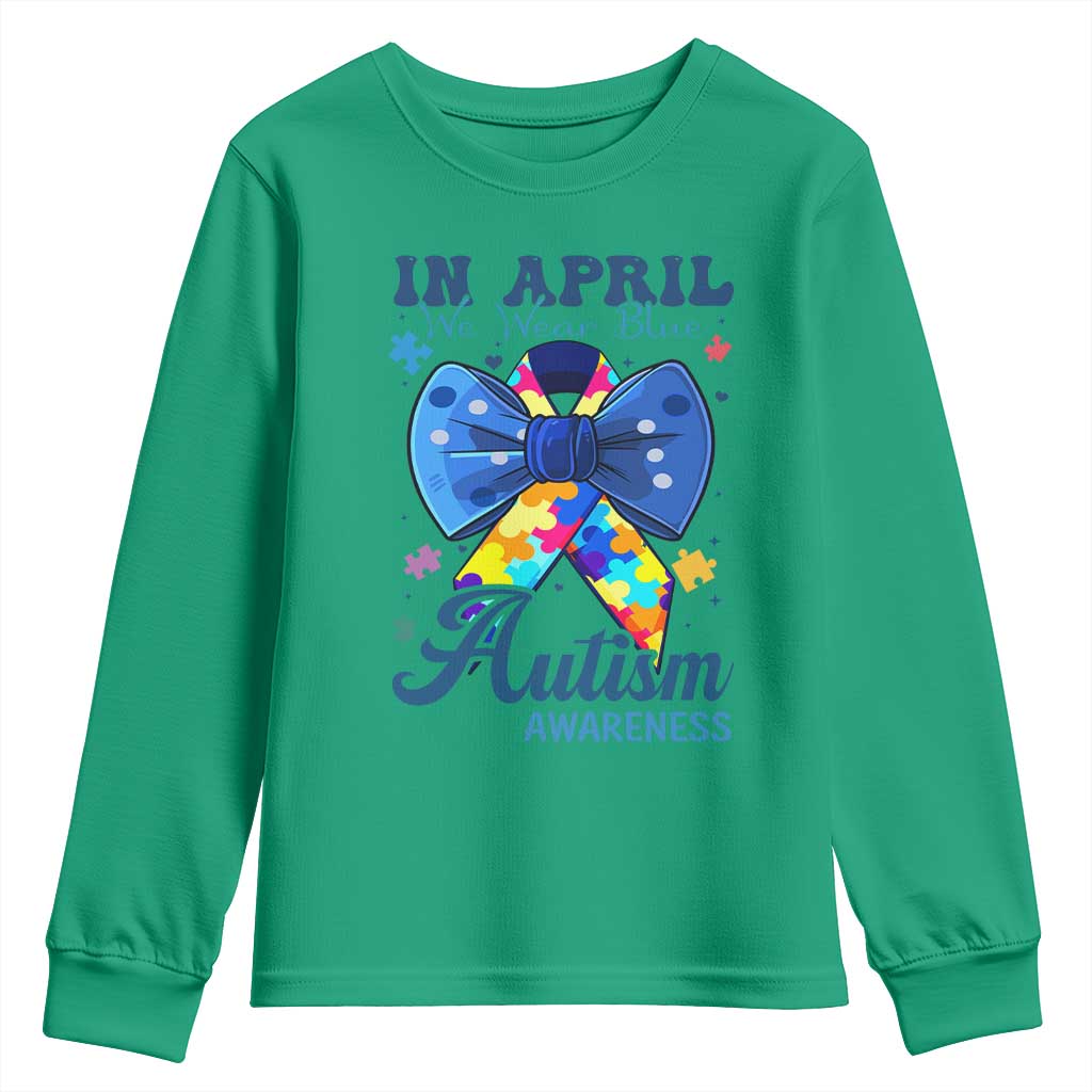 Autism Support Youth Sweatshirt In April We Wear Blue Puzzle Ribbon Coquette Bow