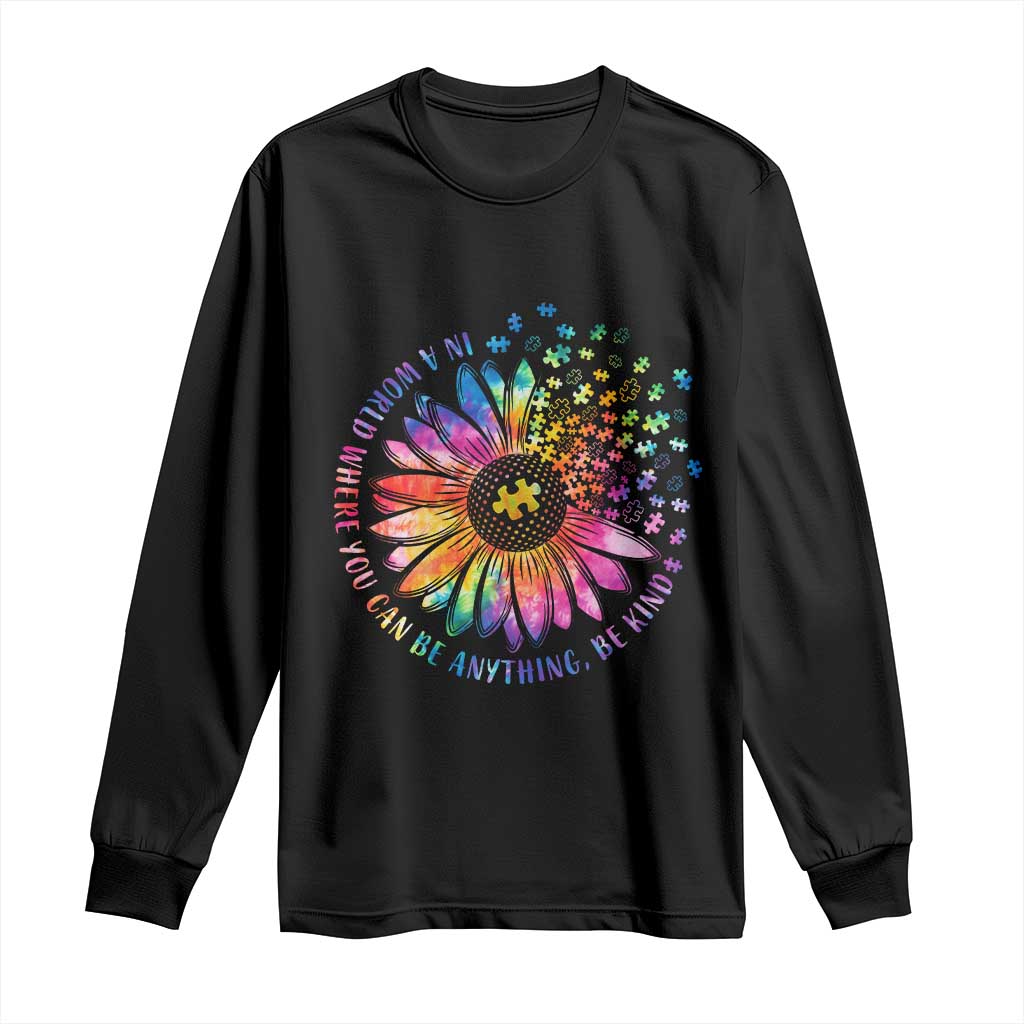 Be Kind Autism Support Long Sleeve Shirt Kindness Sunflower Tie Dye Puzzle