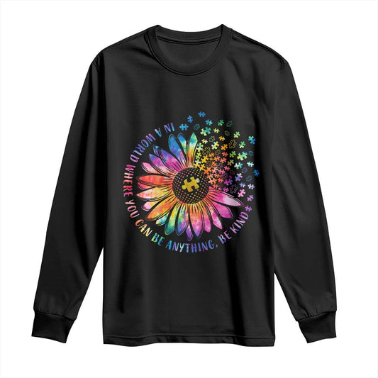 Be Kind Autism Support Long Sleeve Shirt Kindness Sunflower Tie Dye Puzzle
