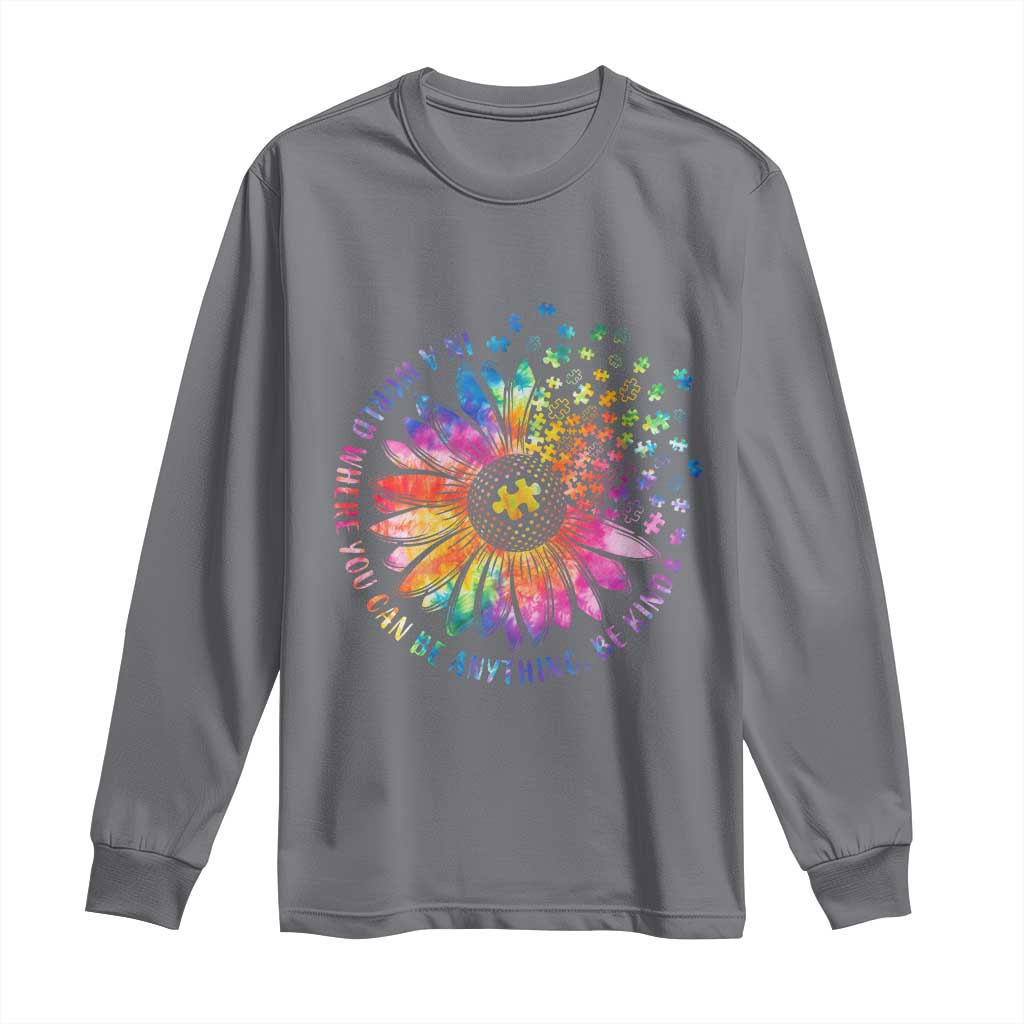 Be Kind Autism Support Long Sleeve Shirt Kindness Sunflower Tie Dye Puzzle