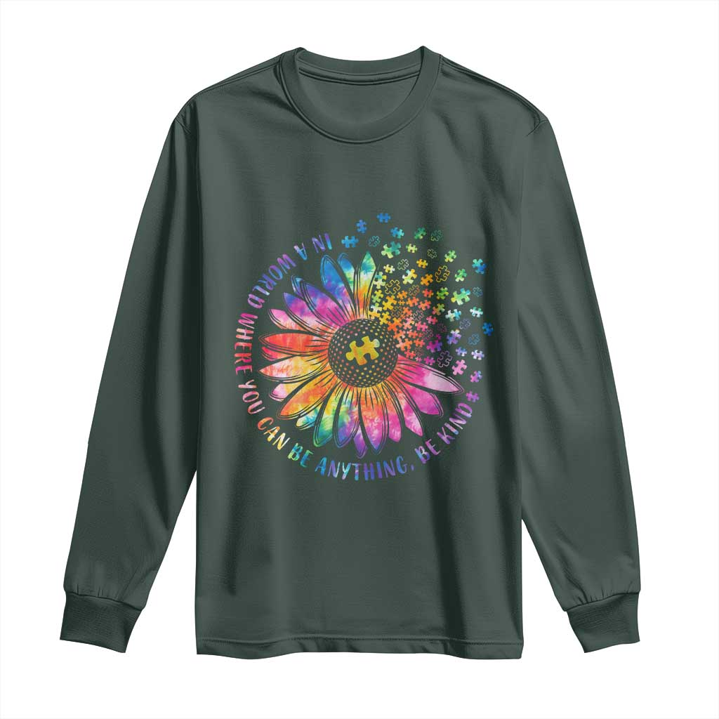 Be Kind Autism Support Long Sleeve Shirt Kindness Sunflower Tie Dye Puzzle