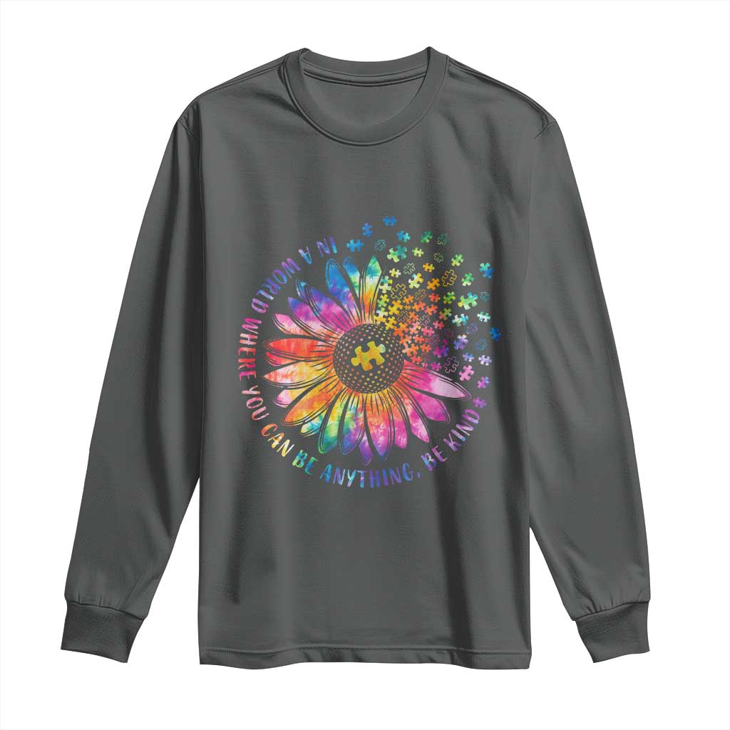 Be Kind Autism Support Long Sleeve Shirt Kindness Sunflower Tie Dye Puzzle
