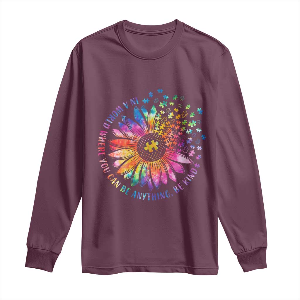 Be Kind Autism Support Long Sleeve Shirt Kindness Sunflower Tie Dye Puzzle