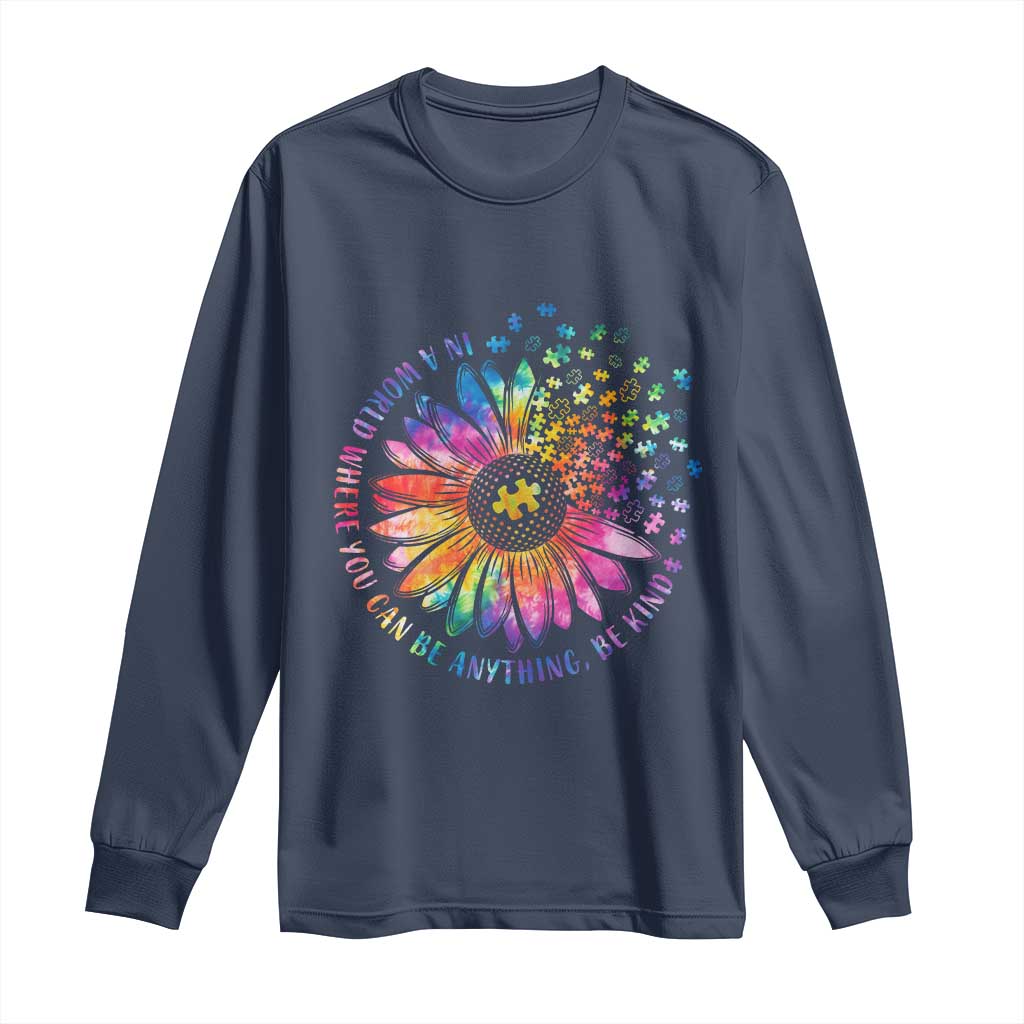 Be Kind Autism Support Long Sleeve Shirt Kindness Sunflower Tie Dye Puzzle