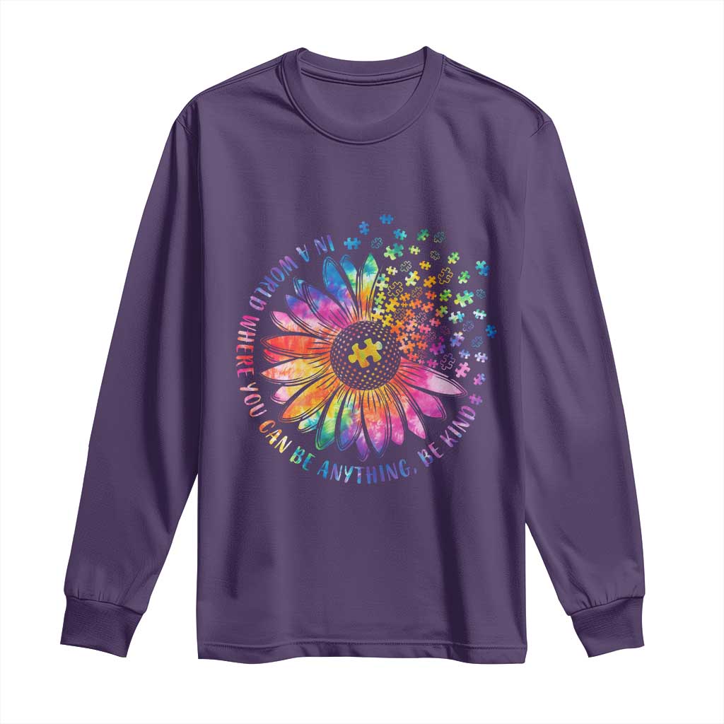 Be Kind Autism Support Long Sleeve Shirt Kindness Sunflower Tie Dye Puzzle