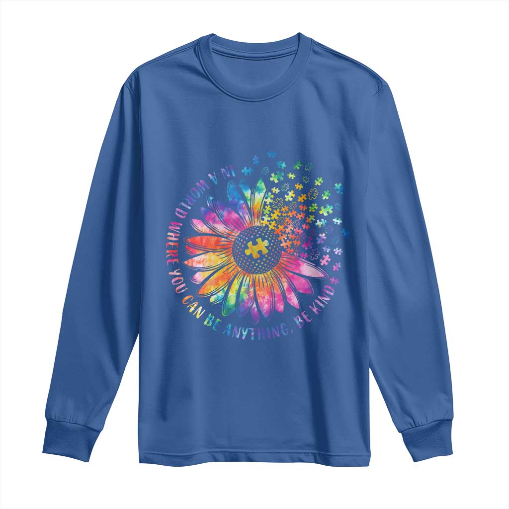 Be Kind Autism Support Long Sleeve Shirt Kindness Sunflower Tie Dye Puzzle