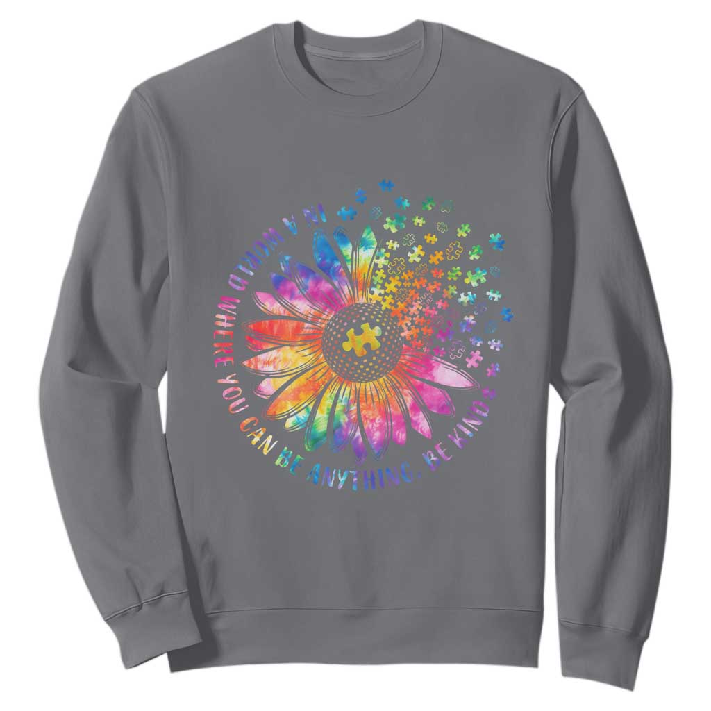 Be Kind Autism Support Sweatshirt Kindness Sunflower Tie Dye Puzzle