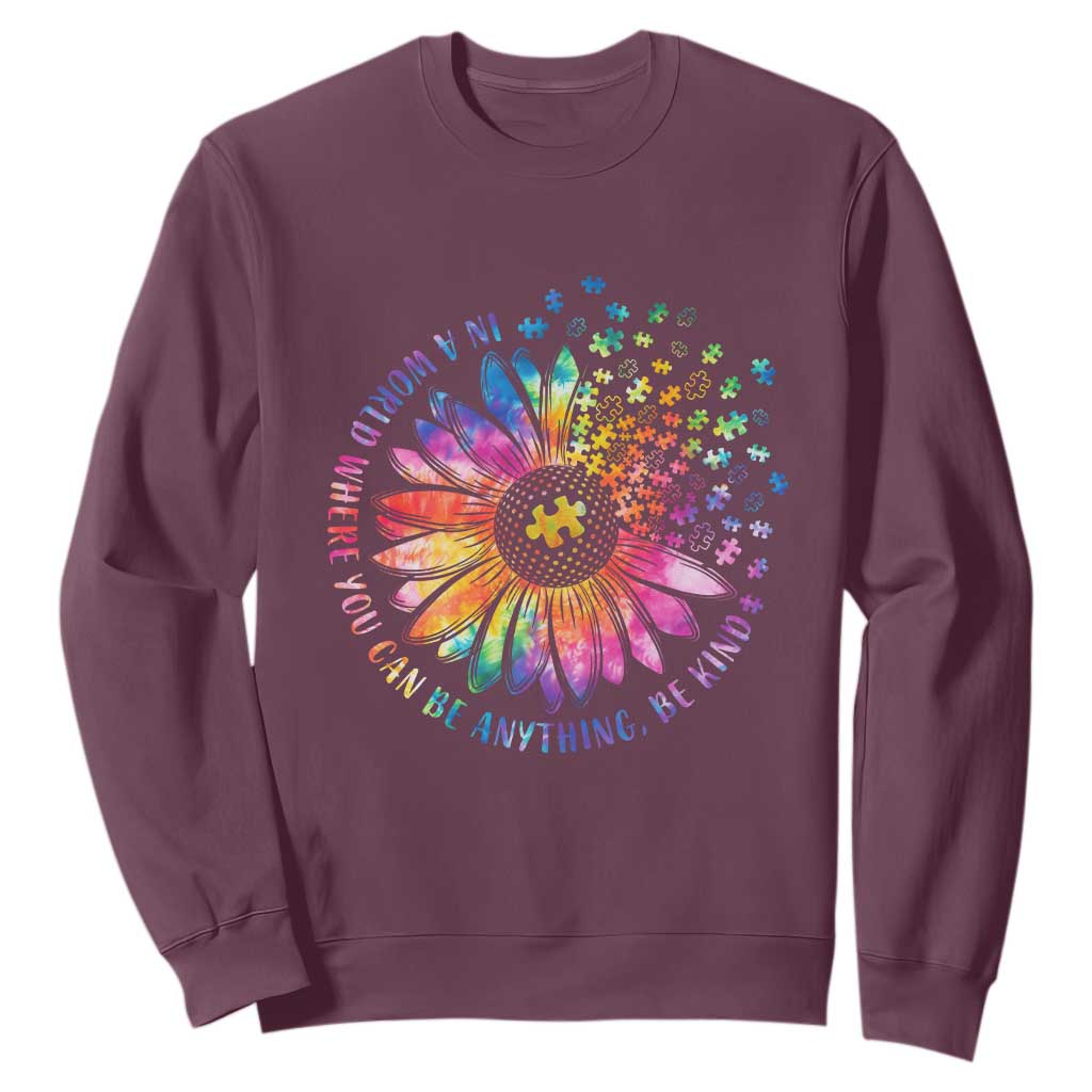 Be Kind Autism Support Sweatshirt Kindness Sunflower Tie Dye Puzzle