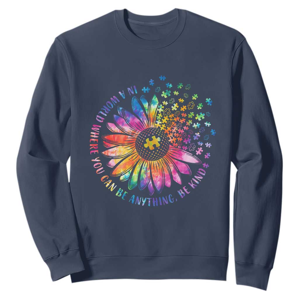 Be Kind Autism Support Sweatshirt Kindness Sunflower Tie Dye Puzzle