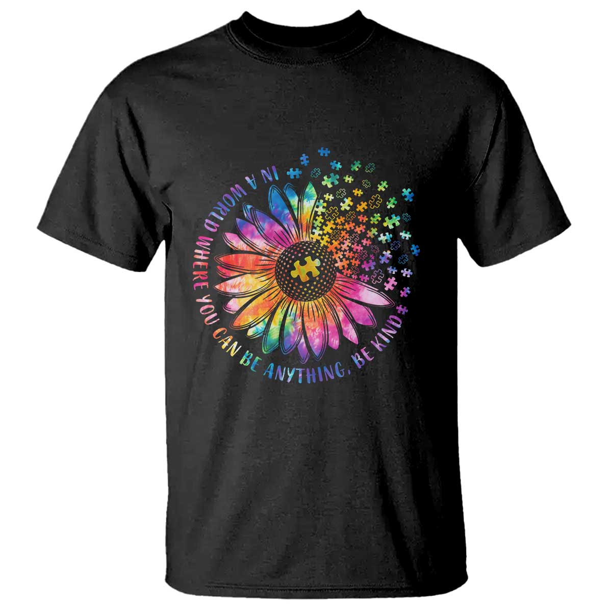 Be Kind Autism Support T Shirt Kindness Sunflower Tie Dye Puzzle