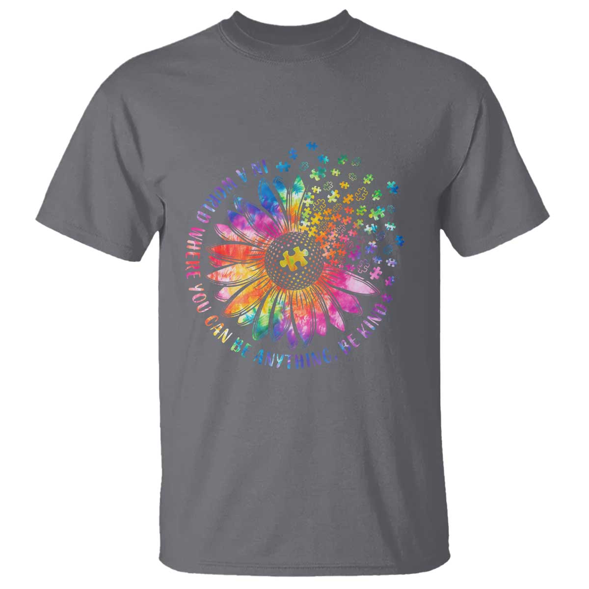 Be Kind Autism Support T Shirt Kindness Sunflower Tie Dye Puzzle