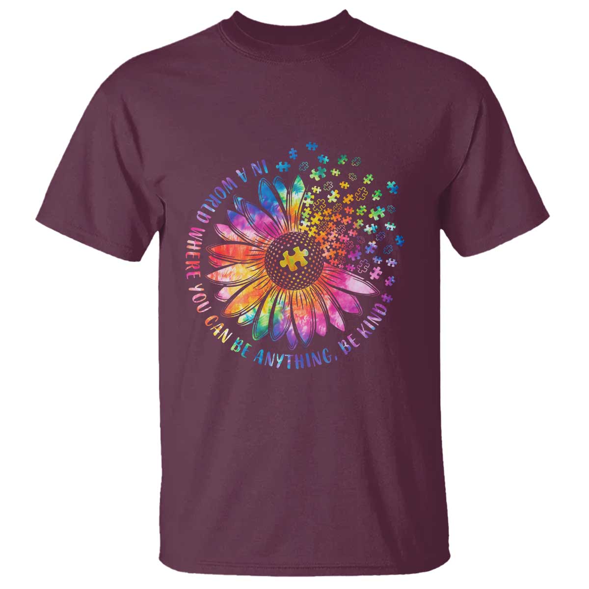 Be Kind Autism Support T Shirt Kindness Sunflower Tie Dye Puzzle