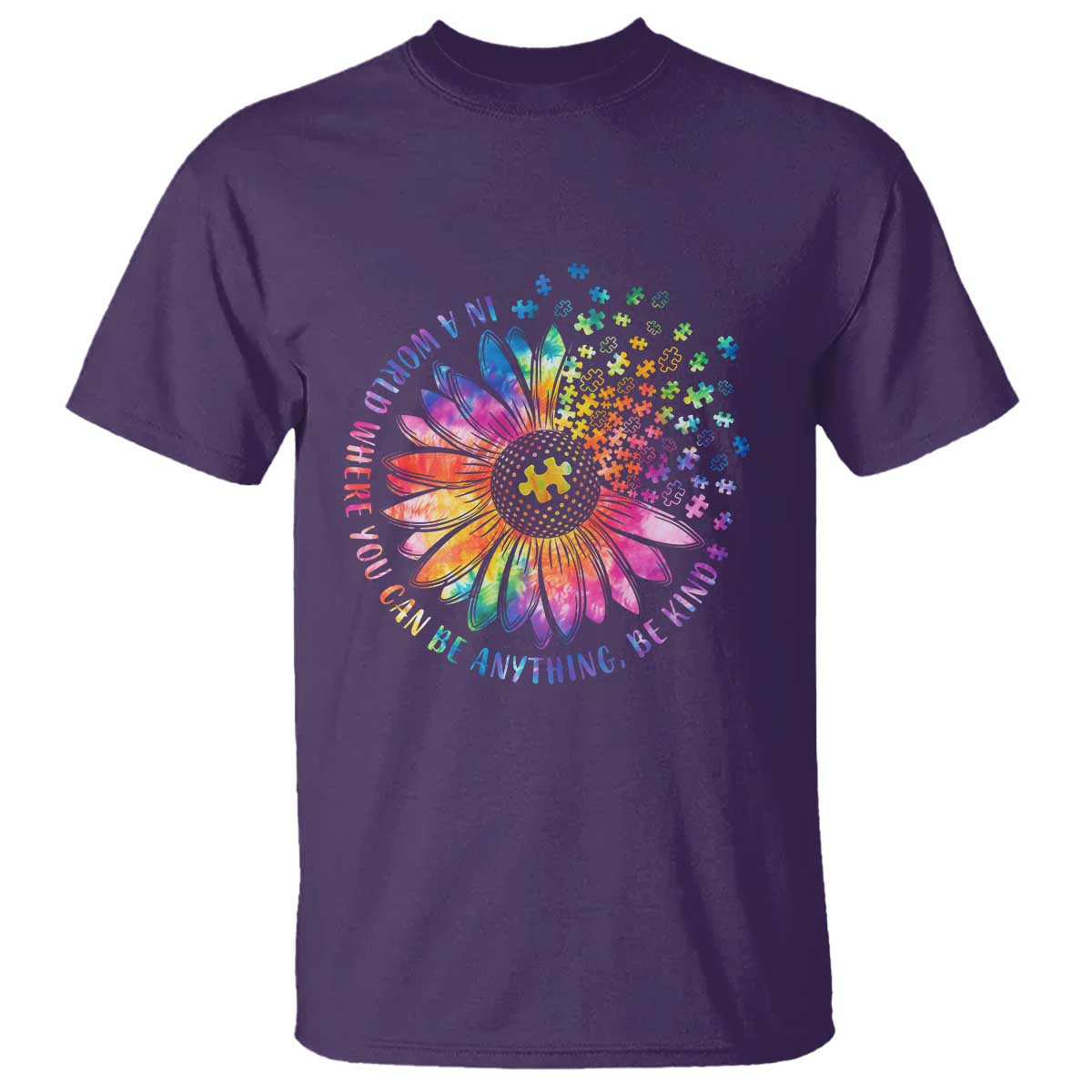 Be Kind Autism Support T Shirt Kindness Sunflower Tie Dye Puzzle
