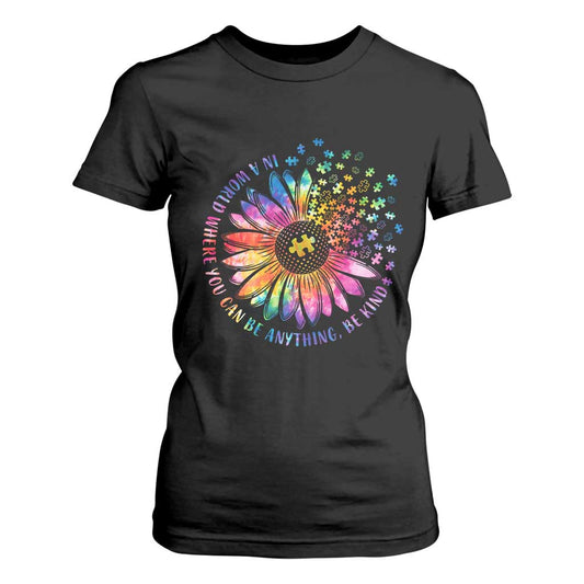 Be Kind Autism Support T Shirt For Women Kindness Sunflower Tie Dye Puzzle