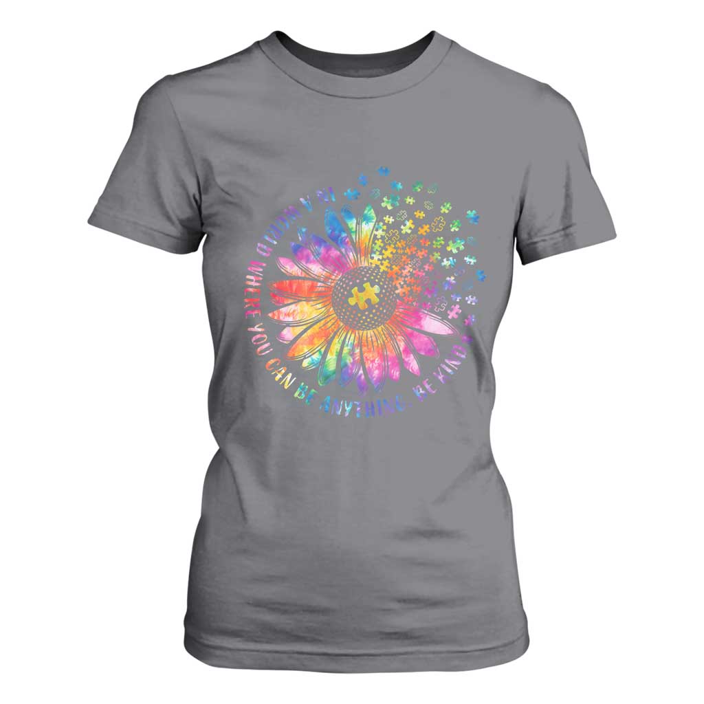 Be Kind Autism Support T Shirt For Women Kindness Sunflower Tie Dye Puzzle
