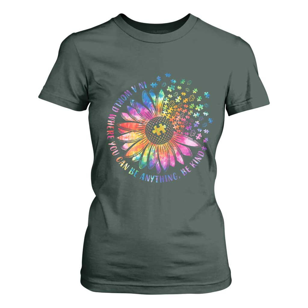 Be Kind Autism Support T Shirt For Women Kindness Sunflower Tie Dye Puzzle