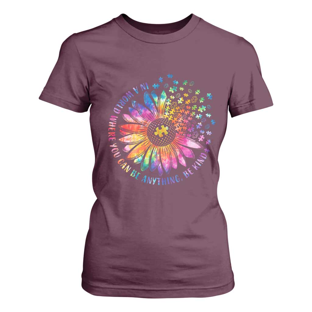 Be Kind Autism Support T Shirt For Women Kindness Sunflower Tie Dye Puzzle